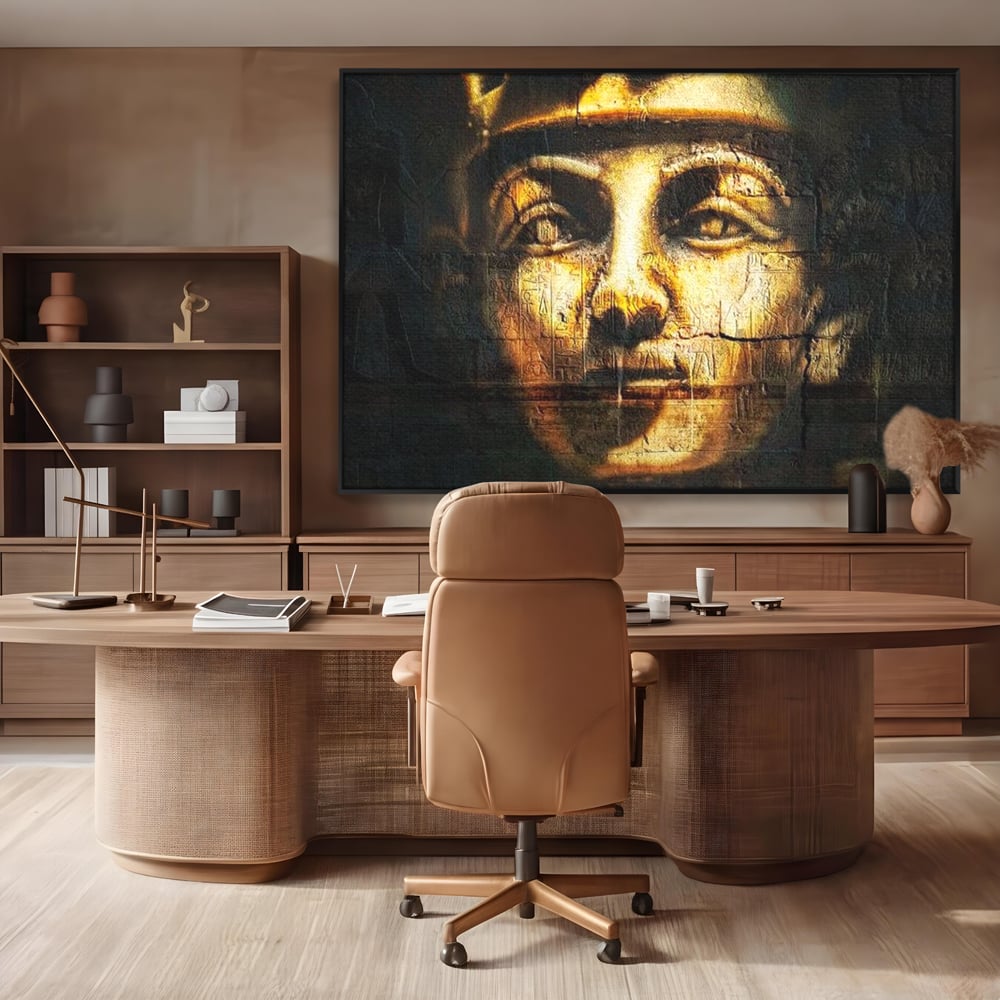 Tablou canvas cu tablou canvas cu chipul unui faraon, in rama de aluminiu negru, pe perete intr-un birou